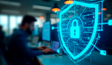 Cybersecurity safeguarding icon on laptop screen representing data protection and online security.